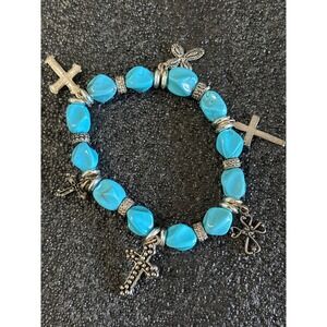 Turquoise Stone Bracelet Silver Tone Cross Charms religious Boho Chic Jewelry